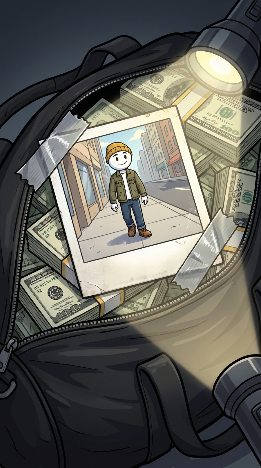 A Polaroid of the main character taped to a duffel bag full of cash